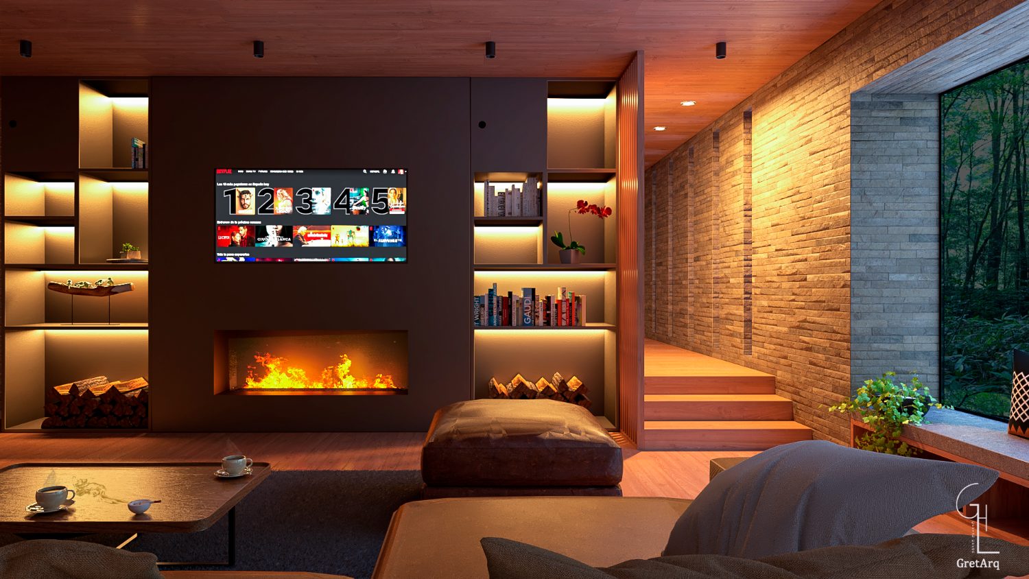 Sala de noche, chimenea